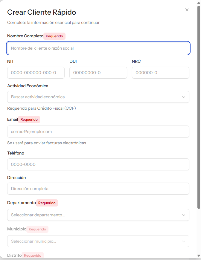 Formulario para crear un cliente desde el punto de venta
