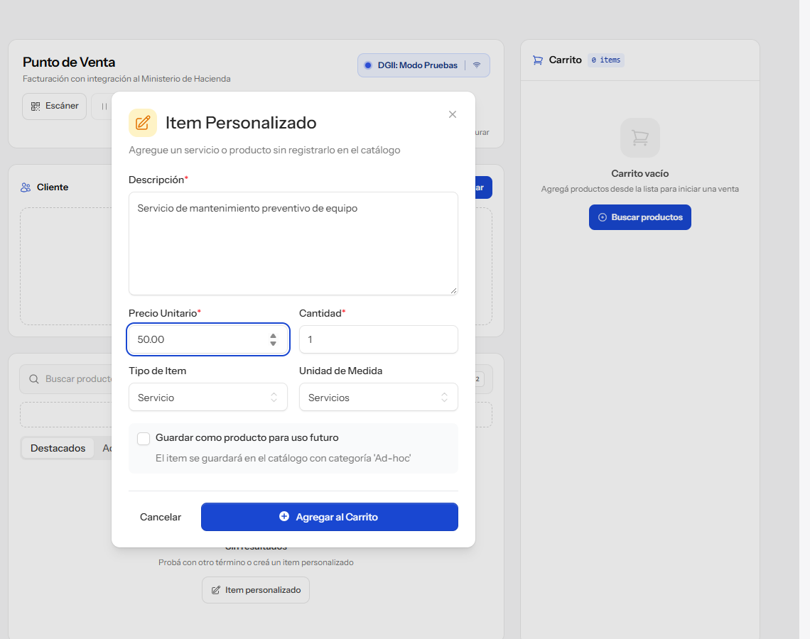 Agregar un item personalizado en el punto de venta