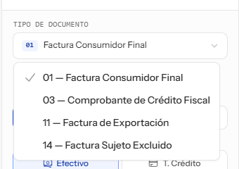 Tipos de documento disponibles en el punto de venta